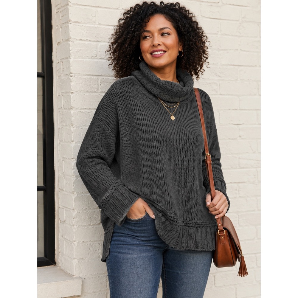 Aerie Charcoal Grey Oversized Turtleneck Shaker Stitch Knit Sweater Small